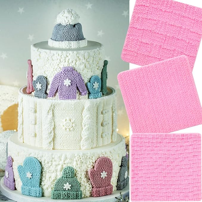 Fondant Impression Mats Molds, Knitting with Button Silicone Chocolate Molds (5 Packs), Sweater Design Knit Impress Texture Stamp Mat for Baby Shower, Birthday Cake Decorating Cupcakes Topper