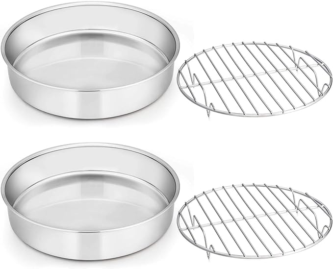 E-far Round Cake Pan with Rack Set, 9½-inch Stainless Steel Cake Pans and Baking Cooling Racks, Non Toxic & Healthy, Mirror Polished & Dishwasher Safe - 4 Pieces (2 Pans + 2 Racks)