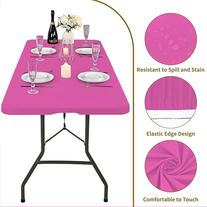 10 Pack Fitted Tablecloth for 6 Foot Rectangle Tables, Hot Pink Elastic Outdoor Picnic Table Cover, Washable Stretch Folding Table Cloths 6 ft for Camping Party Patio Kitchen Banquet, 30" W x 72" L
