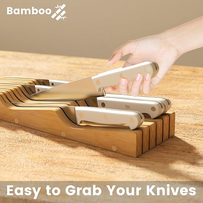 Bamboo In-Drawer Knife Block for 11 Knives(Not Included), Knife Drawer Organizer,Knife Holder Countertop,Block Knife Storage Organizer for Kitchen
