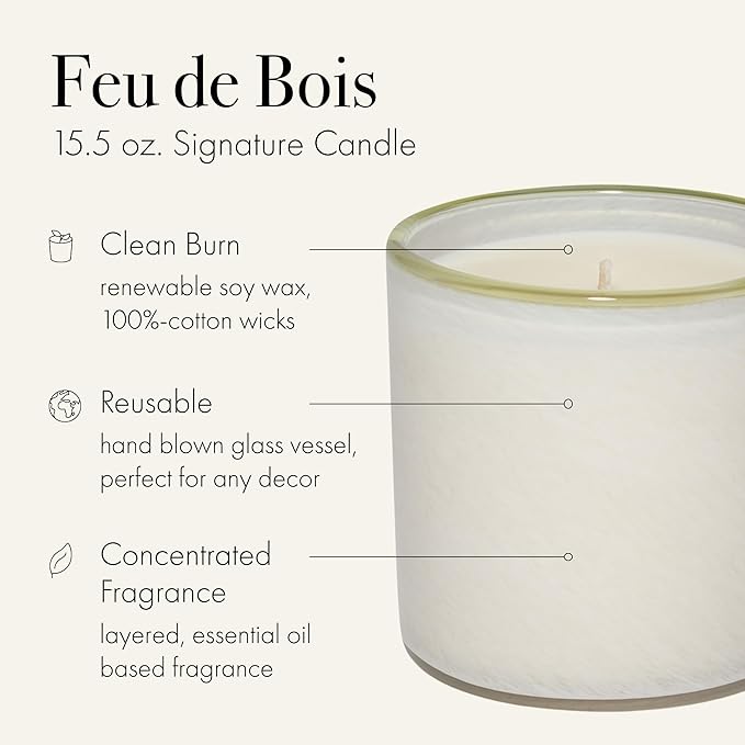 LAFCO New York Signature Candle, Feu de Bois - 15.5 oz - 90-Hour Burn Time - Reusable, Hand Blown Glass Vessel - Made in The USA