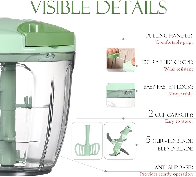 Ourokhome Manual Food Processor Vegetable Chopper, Portable Hand Pull String Garlic Mincer Onion Cutter for Veggies, Ginger, Fruits, Nuts, Herbs, etc., 900ml, Green