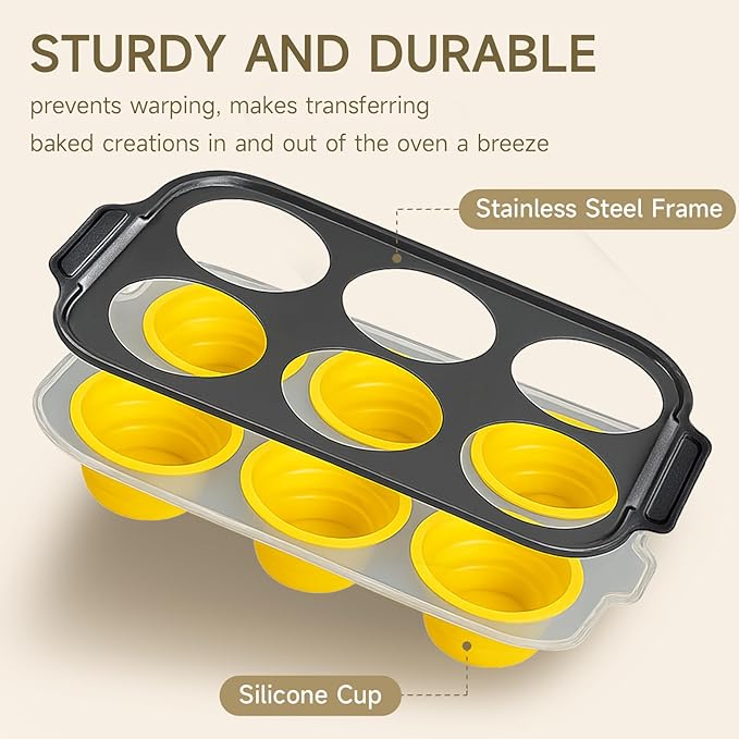 Silicone Muffin Pan for Baking with Metal Frame, Nonstick, 6 Cups Silicone Cupcake Pan, Muffin Tray,Jumbo Muffin Pan, Muffin Molds for Baking Muffins, Cupcakes, Egg Bites (Yellow, 1Pcs)