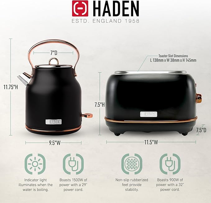 Haden Heritage 1.7 Liter Stainless Steel Electric Water Kettle Bundled with 2 Slice Wide Slot Stainless Steel Toaster, Black & Copper