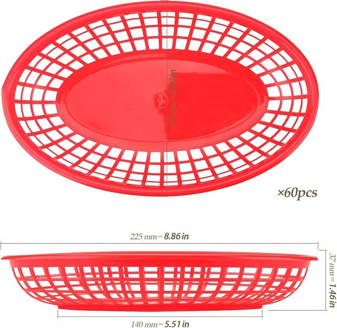 80 Pack 8.9x5.7x1.6 Inch Red Plastic Fast Food Baskets, Restaurant and Deli Serving Baskets for Picnic, Chicken, Burgers and Fries