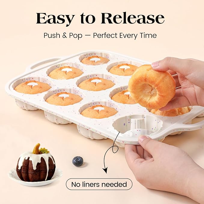 Vinino Silicone Mini Fluted Tube Cake Pans with Metal Reinforced Frame, 12-Cavity Mini Flan Molds, Non-stick Cupcakes Pans for Baking, Donuts, Muffins, Cornbread, Brownies, Jellies