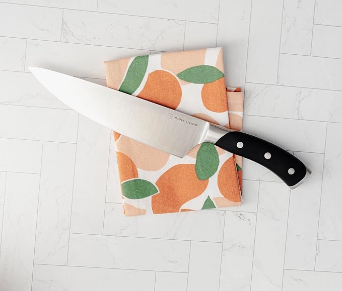 DURA LIVING 8-Inch Chef Knife – Ultra-Sharp German High Carbon Stainless Steel, Full Tang, Ergonomic Handle, Multipurpose Kitchen Knife for Chopping, Slicing, and Dicing, Black