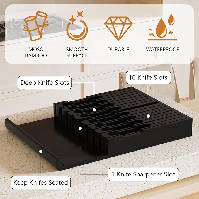 Domax Bamboo In-drawer Knife Block - Knife Drawer Organizer Insert Large Handle Steak Knife Holder, Kitchen Drawer Knife Organizer Fits for 16 knives and 1 Sharpening Steel (Not Included), Black