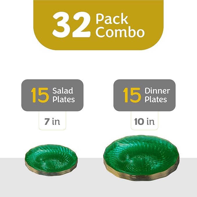 PLASTICPRO 60 Pack Plastic Plates Set of 30-10 inch Plates and 30-7 inch Plate, Elegant Clear Green Spiral and Gold Rim Disposable Fancy Plate Premium Heavyweight