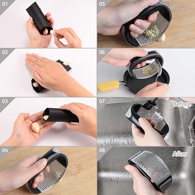 Garlic Press Rocker Stainless Steel Ginger Crusher Squeezer Kitchen Gadget with Ergonomic handle, Silicone Tube Garlic Peeler and Cleaning Brush Tool Set