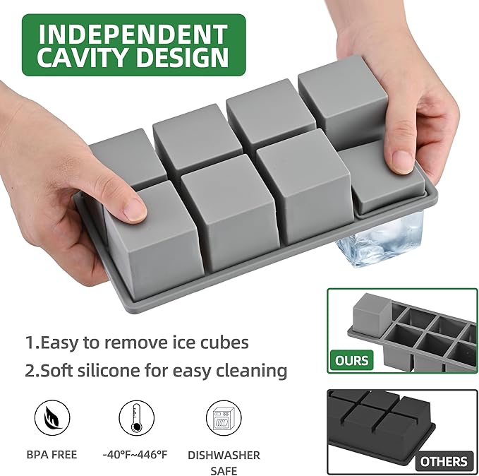Ice Cube Tray for Freezer,2 Pack Large Ice Cube Molds for Whiskey,2Inch Square Ice Cube Tray,Easy-Release Ice Mold,16 Giant Ice Cubes for Bourbon Cocktail(Grey)