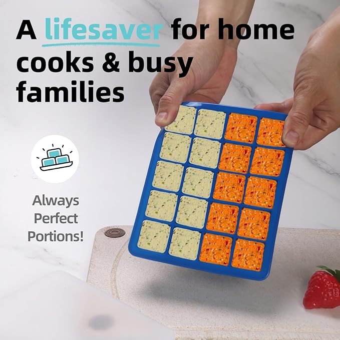 1 Tbsp & 2 Tbsp Silicone Freezer Molds - Perfect for Storing Garlic, Herbs, Ginger, Pesto, Tomato Paste, Lemon Juice,Vegetable Purees,Purees and More - Silicone Food Freezer Tray (Blue 2 Pack)