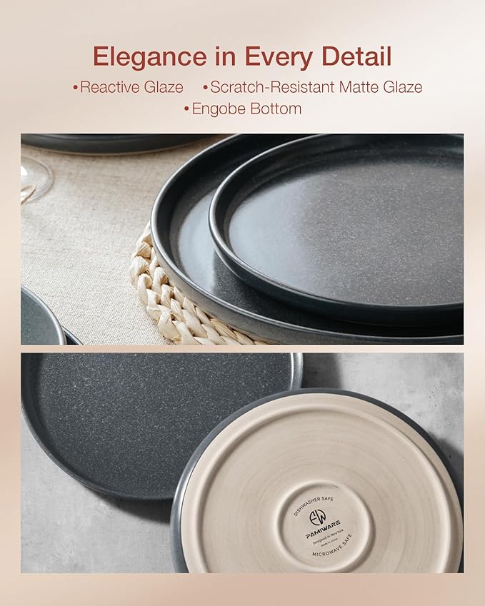 Famiware Milkyway Plates and Bowls Sets, 18 Pieces Dinnerware Sets, Reactive Glaze Dish Set, Stoneware Dishes Set for 6, Matte Dark Charcoal