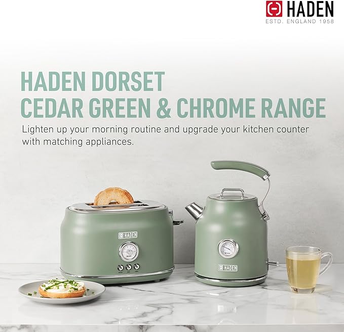 Haden Dorset 1.7 Liter Stainless Steel Electric Kettle, Hot Water Kettle with 360-Degree Base and Auto Shutoff, Cedar Green & Chrome