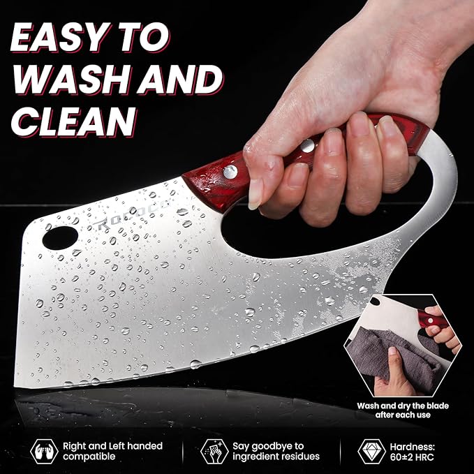 ROCOCO Meat Cleaver Knife Unique Effort Saving Professional Stainless Steel Kitchen Chef Cooking Knives for Cutting Meat Vegetable Thanksgiving Christmas Gift Red Full Tang 7.48"