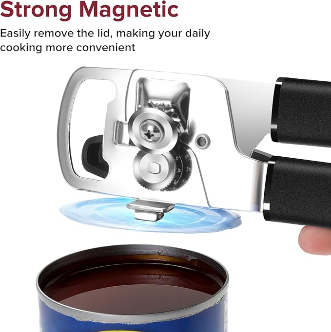 Can Opener Manual 2-in-1 with Magnet, Hand Held Can Openers with Stainless Steel Sharp Blade (Smooth Cut), Large Effortless Turn Knob, Non-Slip Soft Rubber Handle, Built-Bottle Openers, Black
