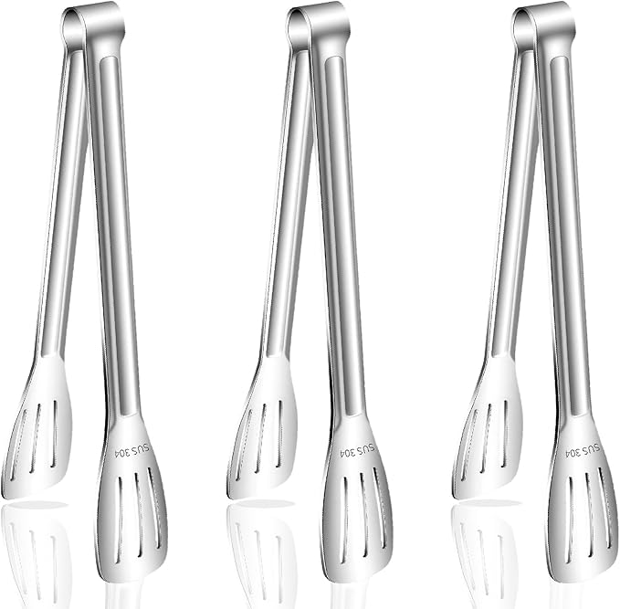 Stainless Steel Kitchen Tong Set - Anti-Slip Heat-Resistant Grip, Widened 3-Line Slotted Heads for Easy Clamping (Steaks, BBQ, Pasta, Salads), Easy Clean for Versatile Use Set of 3-11", Silver