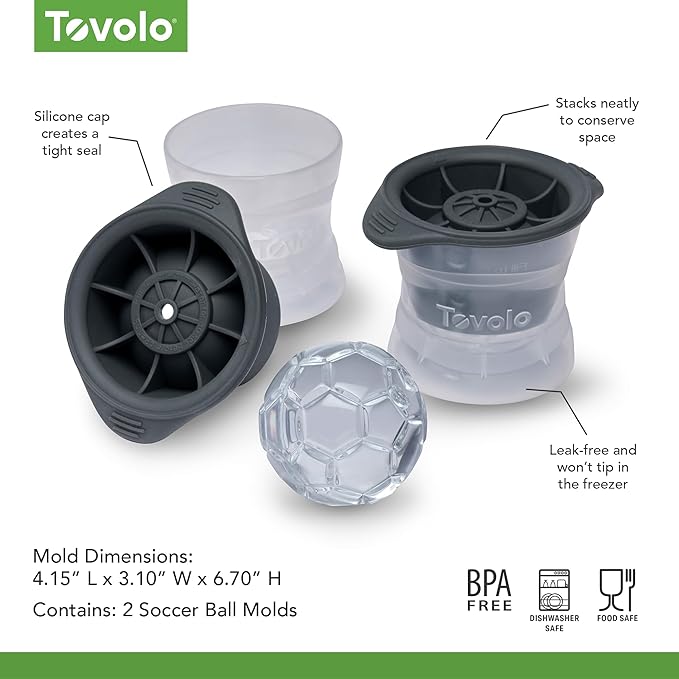 Tovolo Soccer Ball Ice Cube Molds Pack of 2 Large Sports Craft Ice Spheres for Drinks Whiskey Bourbon Cocktails, Dishwasher Safe BPA Free Silicone Soccer Ice Mold Fun Sports Gifts for Adults