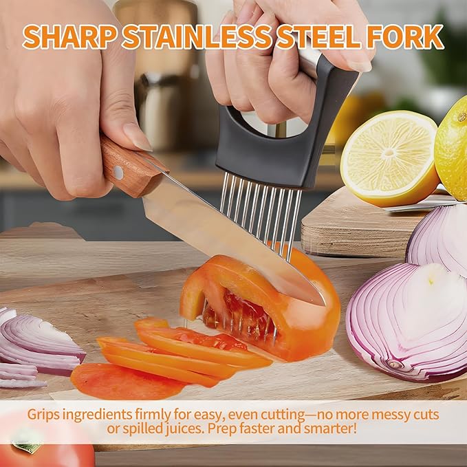 1PC Onion Holder for Slicing, Upgraded Stainless Steel Onion Slicer Holder with Ergonomic Handle, Tomato Cutter, Vegetable Slicing Tool, Meat Tenderizer, Kitchen Food Cutting Gadget
