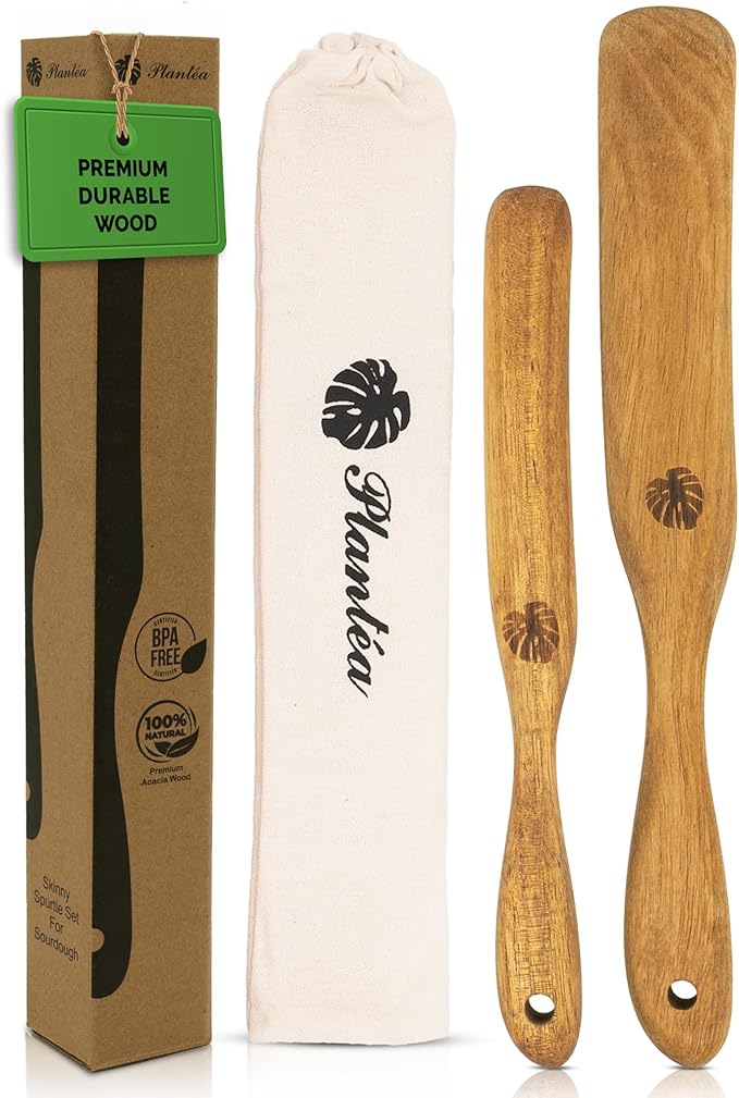 Skinny Wooden Spurtle Set of 2 for Sourdough Starter – Handcrafted Wooden Sourdough Stir Stick & Spatula – Multipurpose Spurtle for Bread Dough Mixing, Cooking & Baking Tools Set