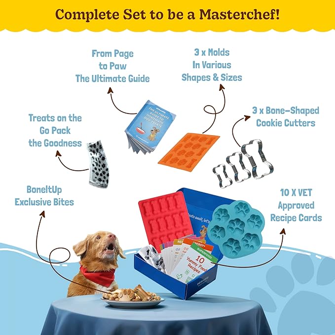 BoneItUp Dog Treat Making Kit – All-in-One DIY Cookie Set with Reusable 3 Silicone Dog Treat Molds, 3 Cutters, 10 Recipes & Gift Bags – Make Healthy Homemade Treats for Dogs, XL Kit for Big Dogs