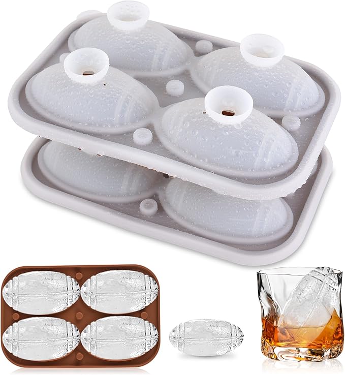 Whiskey Ice Cubes Mold,Football Gift Ball Ice Maker Mold,Fun Shapes 2.5 INCH,Football ice mold for Super Bowl Party,Football Accessories for Men,Silicone Ice Cube Tray for Cocktails,Bourbon