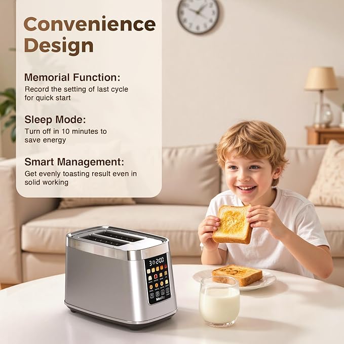 Mecity 2 Slice Toaster with Touch Screen & Auto Lift, Stainless Steel Cool-Touch Toaster with 8 Bread Settings, 5 Shade Levels, 1200W High Power, Keep Warm & Reheat Function, Stainless Steel, 120V