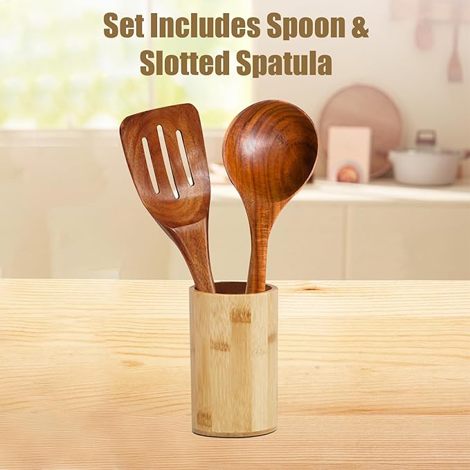 Wooden Spoons for Cooking & Cooking Spatula Turner Set, Premium Teak Wooden Cooking Utensils Set, Wooden Mixing Spoon