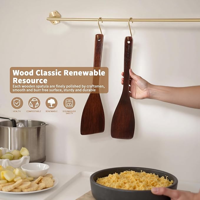 Wooden Spatula for Cooking, Long Handle Flat Spatulas for Frying Pan, Good Grips Left and Right Hand Wood Turner for Cooking Kitchen Utensils