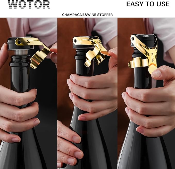 WOTOR Champagne&Wine Bottle Stoppers Stainless Steel with Food Grade Silicone, Leak Proof Keep Fresh Reusable Saver, Cork Suitable for Wine, Champagne, Cava, Prosecco and Sparkling (6 Pack Gold）