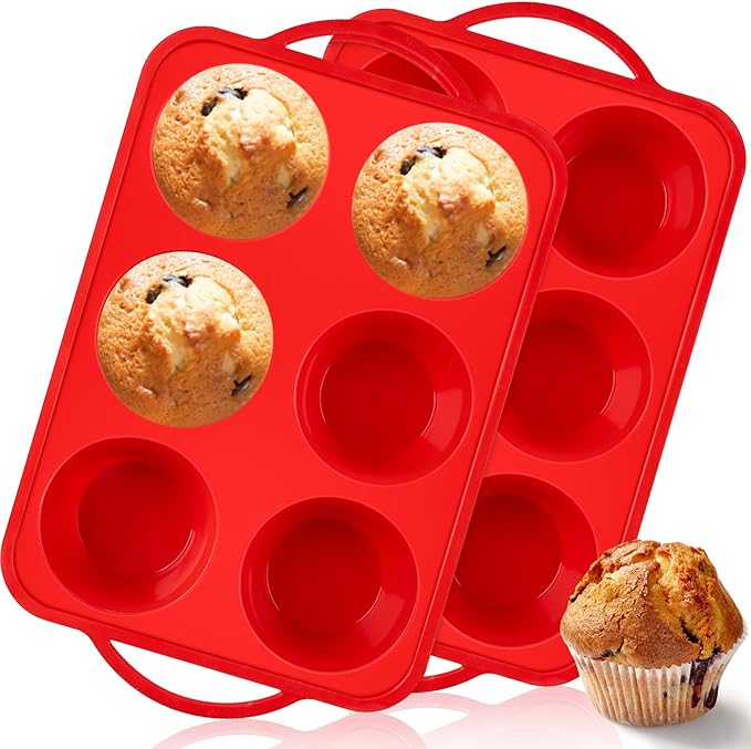 2 Pack Jumbo Muffin Pans with Metal Frame, 6 Cup Large Cupcake Molds with Handles, Silicone Egg Bite Baking Trays, BPA Free & Non-Stick