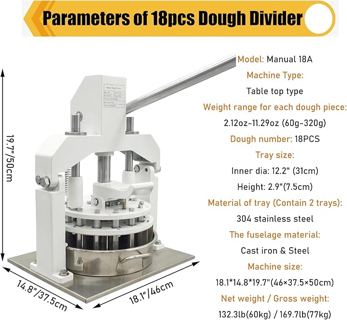 Table Top Dough Dividing Machine Manual Dough Divider 18PCS Dough Cutter Commercial Dough Dividing Machine Dough Baking Divider, 2.12oz-11.29oz, 18PCS