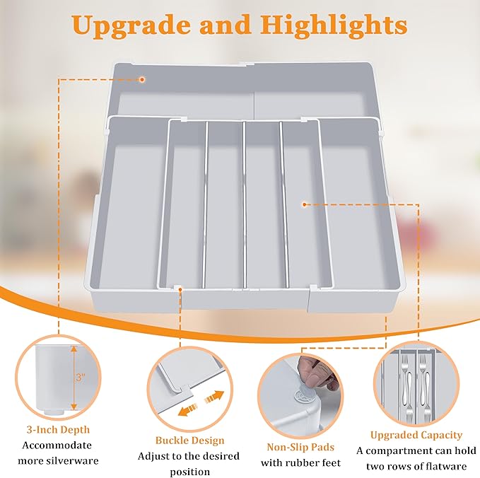 Silverware Drawer Organizer for Kitchen - Adjustable Utensil Holder Drawer Organizer, BPA Free Flatware and Cutlery Tray, Expandable Plastic Storage for Spoons Forks Knives, Grey
