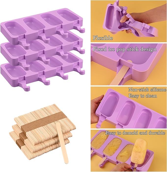 Sakolla Large Silicone Popsicle Molds Set of 3, Oval 4 Cavities Homemade Ice Pop Molds with 150 Wooden Sticks for Ice Cream, Cakesicles, Cake Pop (Purple)
