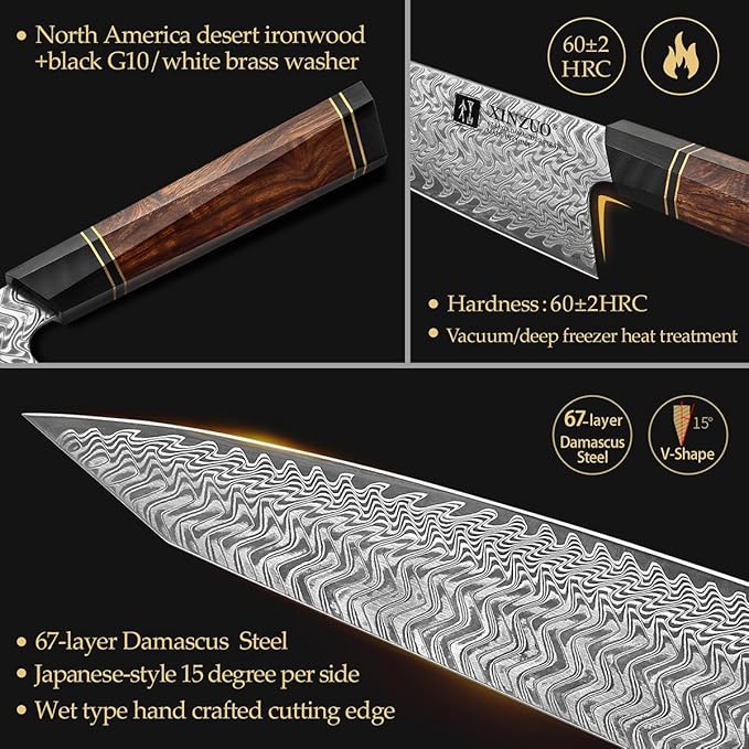 XINZUO 8.5 Inch Japanese Kiritskue Chef Knife, Professional Chef Knife,Damascus Kitchen Knife for Chefs and Home Cooking, Desert Ironwood Handle, Walnut Magnetic Wooden Sheath, Acacia Wood Box Package