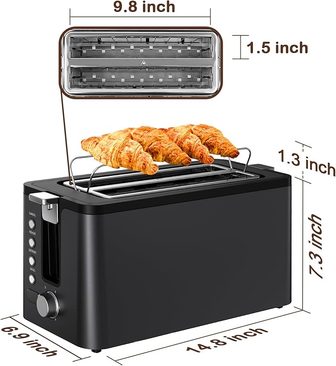 Mecity 4 Slice Toaster, Long Slot Toaster with Timer, Bagel, Defrost, Reheat, Cancel Functions, Warming Rack, Removable Tray, 6 Browning Settings, Extra Wide Slots, Stainless Steel, 1300W