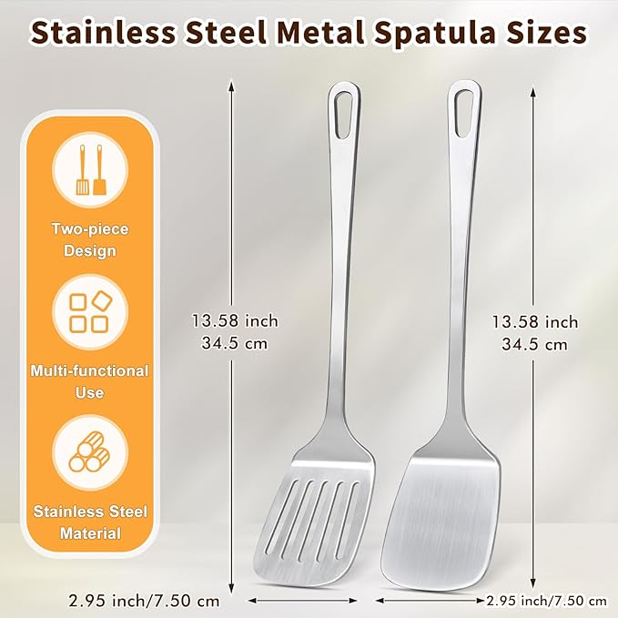 Stainless Steel Spatula, Metal Spatula Solid Turner, Heavy Duty Sturdy Spatulas for Kitchen Use, High Heat Resistant Cooking Utensils for Fish Eggs Pancakes, Dishwasher Safe, Easy to Clean, Silver