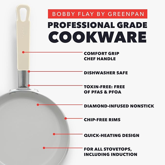 GreenPan x Bobby Flay 10" Nonstick Frying Pan Skillet, PFAS-Free Diamond Ceramic, Induction Suitable, Stay-Cool Silicone Handle, Easy Clean Dishwasher & Oven Safe, Egg & Omelet Pan, Cream