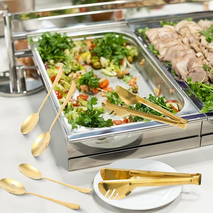 Sabary 36 Pcs Stainless Steel Serving Utensils for Buffet Parties Including 12 Serving Spoons 12 Slotted Spoons 12 Serving Tongs Large Metal Flatware Set for Tanksgiving Catering Banquet(Gold)