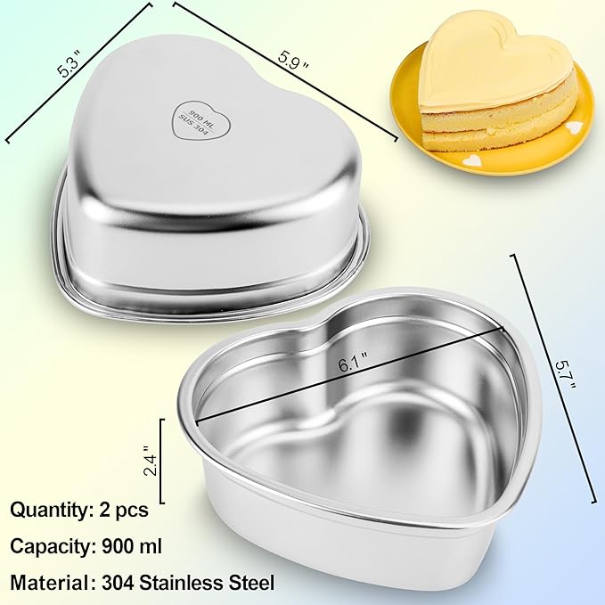 Heart Shaped Cake Pans Set of 2, Nonstick Heart Cake Pan 6 Inch for Layer cakes, Durable Stainless Steel Baking Pans Cake Tins for Valentine's Day/Thanksgiving/Wedding/Anniversary, Dishwasher Safe