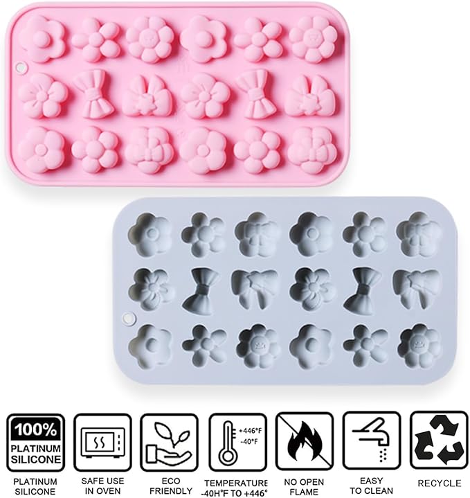 2 Pcs Flowers Silicone Chocolate Molds, 18-Cavity Different Flowers Bow Shape Molds Trays for Candy Chocolate Gummies Baking Jello Ice Cube Pudding Soap Cookie Desserts Making