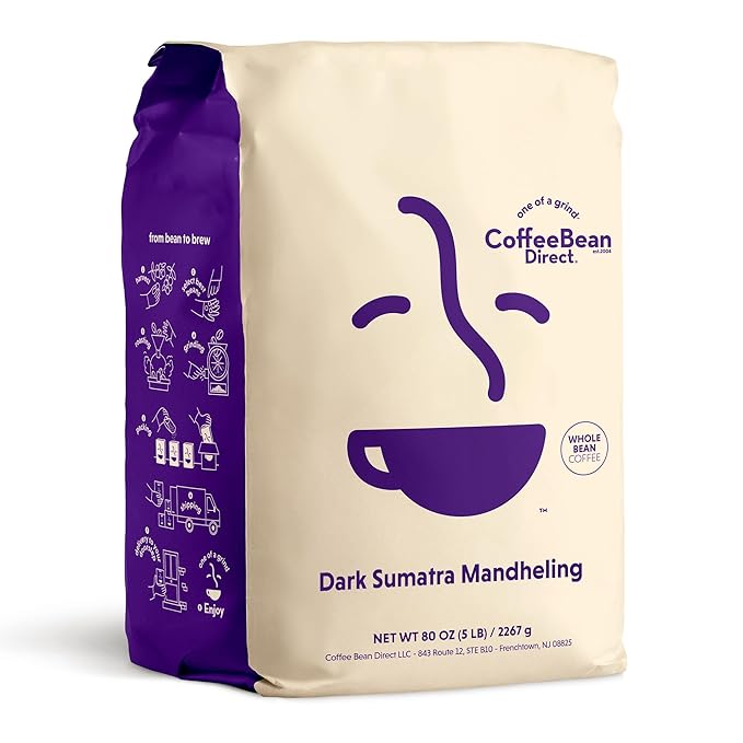 Coffee Bean Direct Dark Sumatra Mandheling, Whole Bean Coffee, Arabica Coffee, Dark Roast, 5 Pound Bag (Pack of 1)