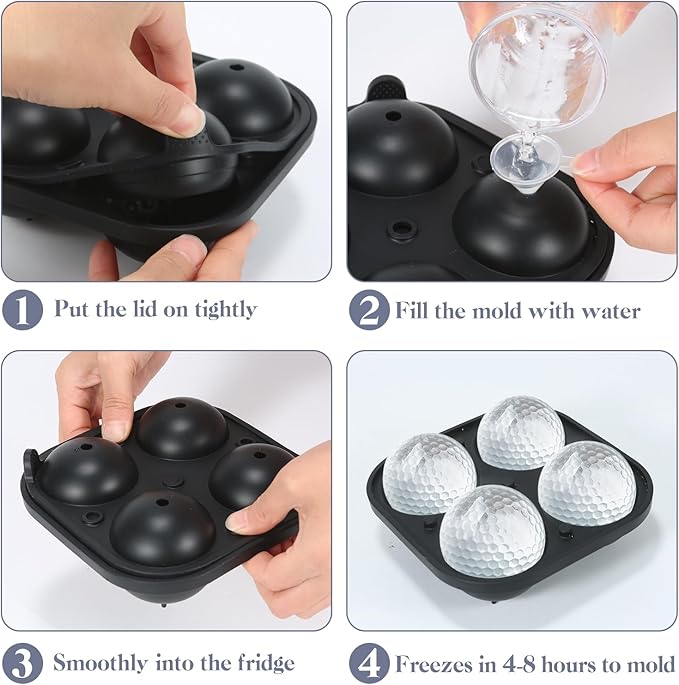 4 Holes Ice Cubes Silicone 2.5 inch Golf Ball Ice Cube Molds for Whiskey, Cocktails, Beer, Golf Gift, Party Tray with Funnel