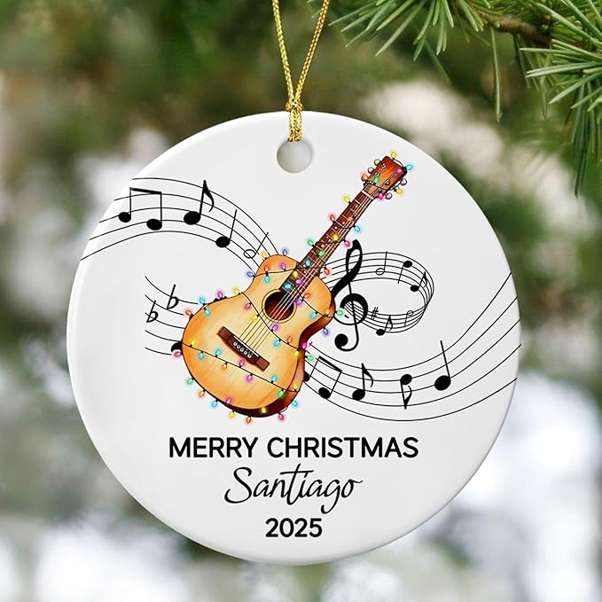 Custom Text Year Name Guitar Player Ceramic Christmas Ornament, Unique Guitar Instrument Ornament Gift for Guitarist Grandparent Dad Mom Brother Sister, Personalized Guitar Musical Ceramic Ornaments