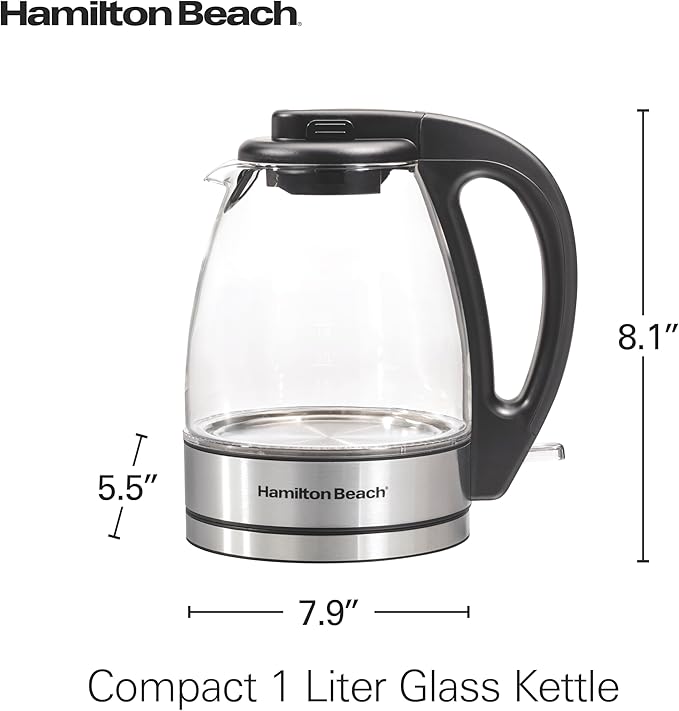 Hamilton Beach Glass Electric Tea Kettle, Water Boiler & Heater, 1 Liter, 1500 Watts for Fast Boiling, BPA Free, Cordless Serving, Auto-Shutoff & Boil-Dry Protection, Soft Blue LED (40930)