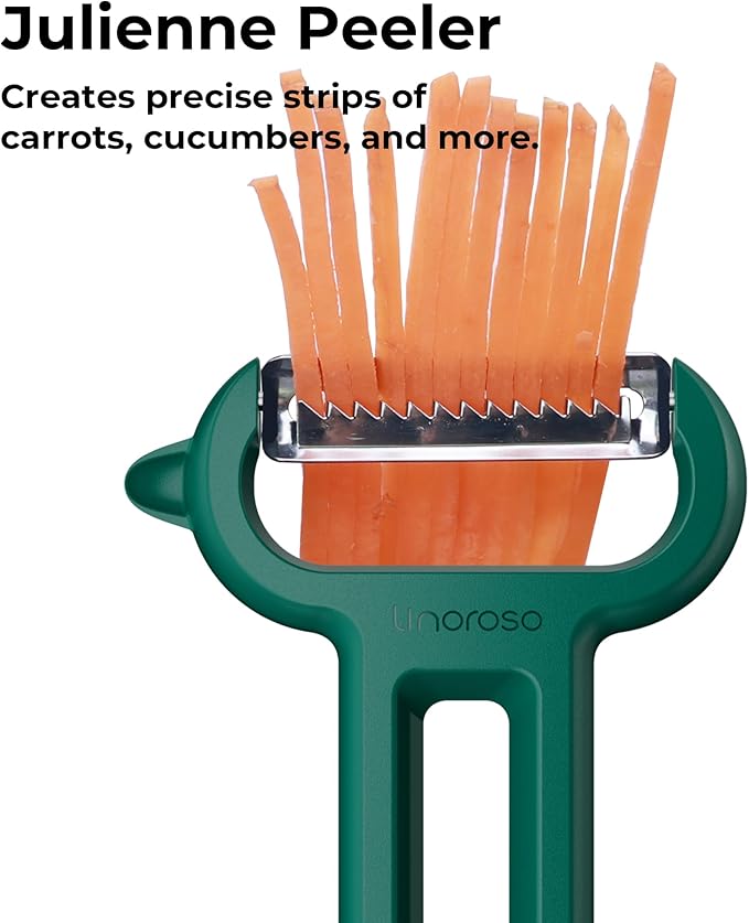 Linoroso 3-Piece Vegetable Peeler Set - Straight, Serrated & Julienne Y-Peeler, Dishwasher Safe, Ideal for Veggies & Fruits, Green