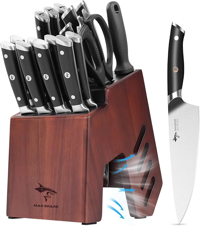 MAD SHARK Knife Set, 17 Pieces Kitchen Chef Knife Set with Block, Precision Forged High Carbon Stainless Steel Ultra Sharp Knives Block Sets, Home Cooking Perfect Cutlery Set Gift Box