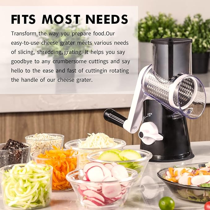 Rotary Cheese Grater, 3 in 1 Cheese Shredder Grater Rotary with Handle, Vegetable Mandoline Slicer Shredder for Vegetable, Cheese, Nut
