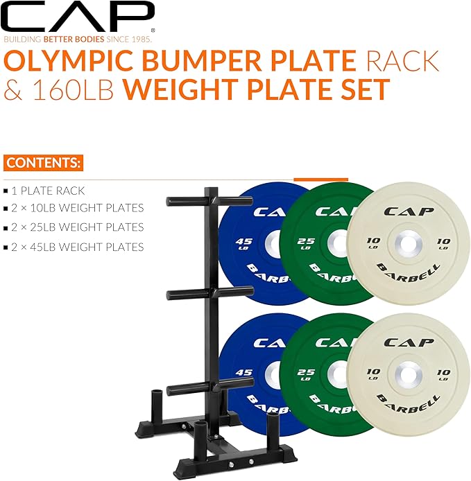 CAP Barbell 2-Inch Olympic Bumper Plate Weight Set with 6 Post Rack | 100-370 lbs | Multiple Options