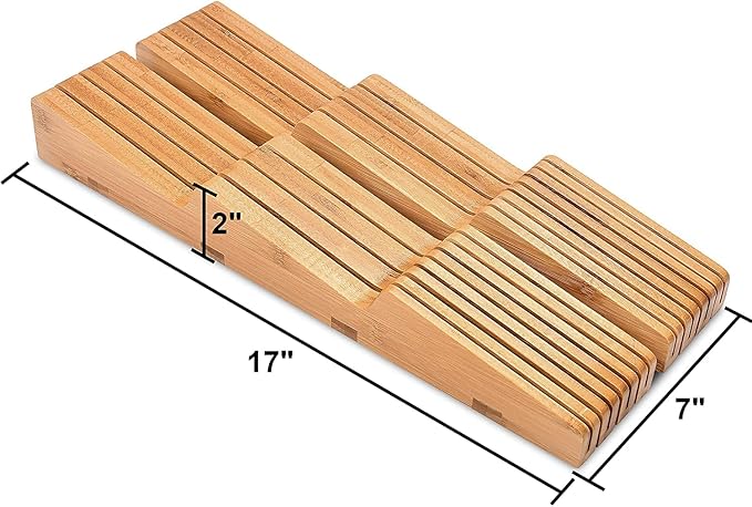 Homemaid Living In Drawer Knife Block Bamboo, Holds 16 Knives + Knife Sharpener Slot, Knife Organizer for Kitchen Drawer, Knife Drawer Organizer, Drawer Insert, Drawer Knife Holder (2" tall, 17" deep)